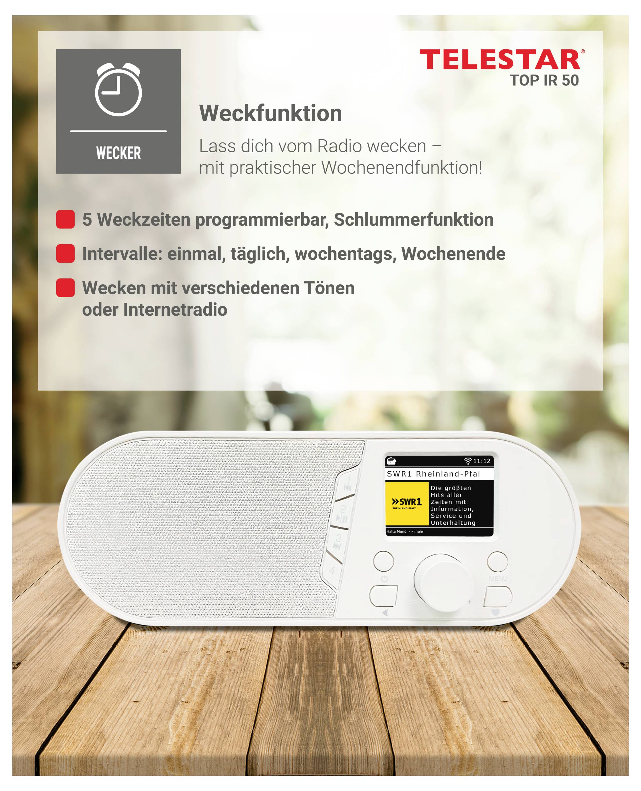 Werbebild des Telestar TOP IR 50 Radioweckers, das die Merkmale der „Weckfunktion" zeigt: fünf Alarmzeiten, Schlummerfunktion, Wiederholungsintervalle und Aufwachen mit Ton oder Internetradio.