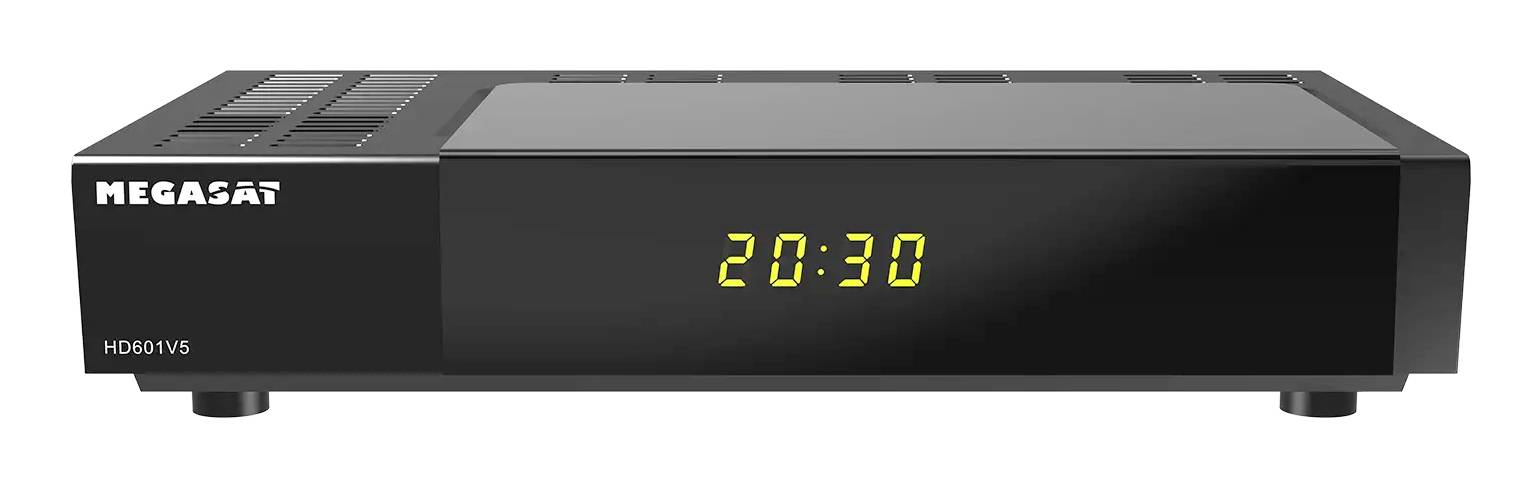 Schwarze MEGASAT HD601V5 Set-Top-Box mit gelbem digitalen Uhrendisplay, das 20:30 Uhr anzeigt.