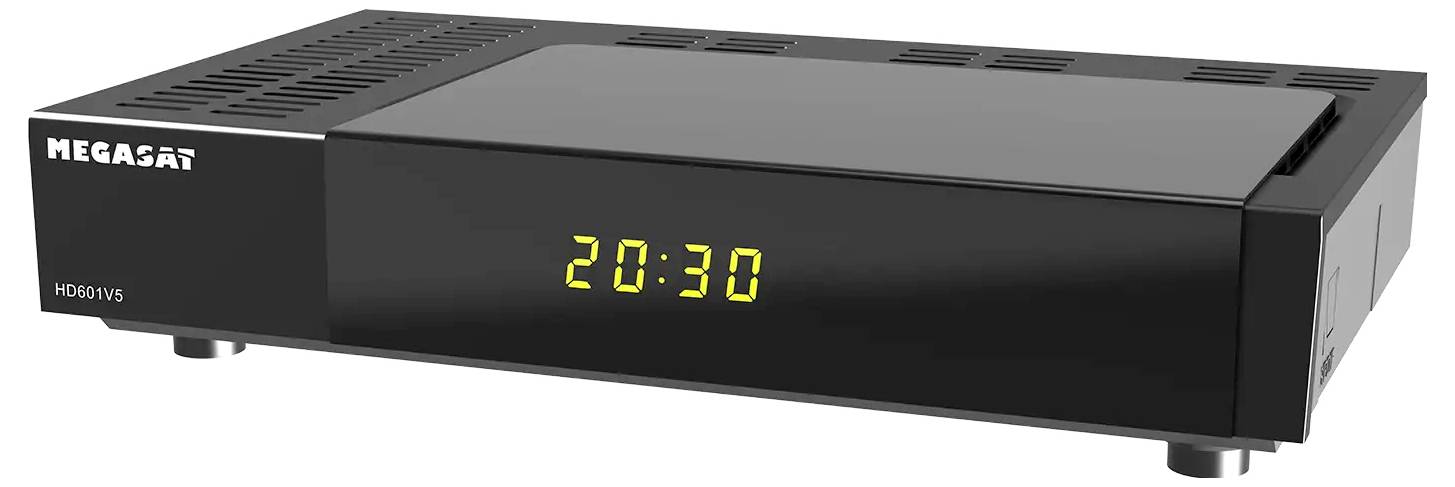 Schwarzer Megasat HD501V5 Set-Top-Box mit gelbem digitalen Uhrendisplay, das auf der Frontplatte "20:30" anzeigt.