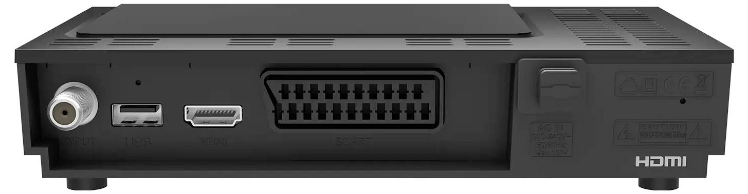 Rückseite eines kleinen HDMI-Geräts mit Anschlüssen: Koaxialeingabe, USB, HDMI, SCART und Stromversorgung.