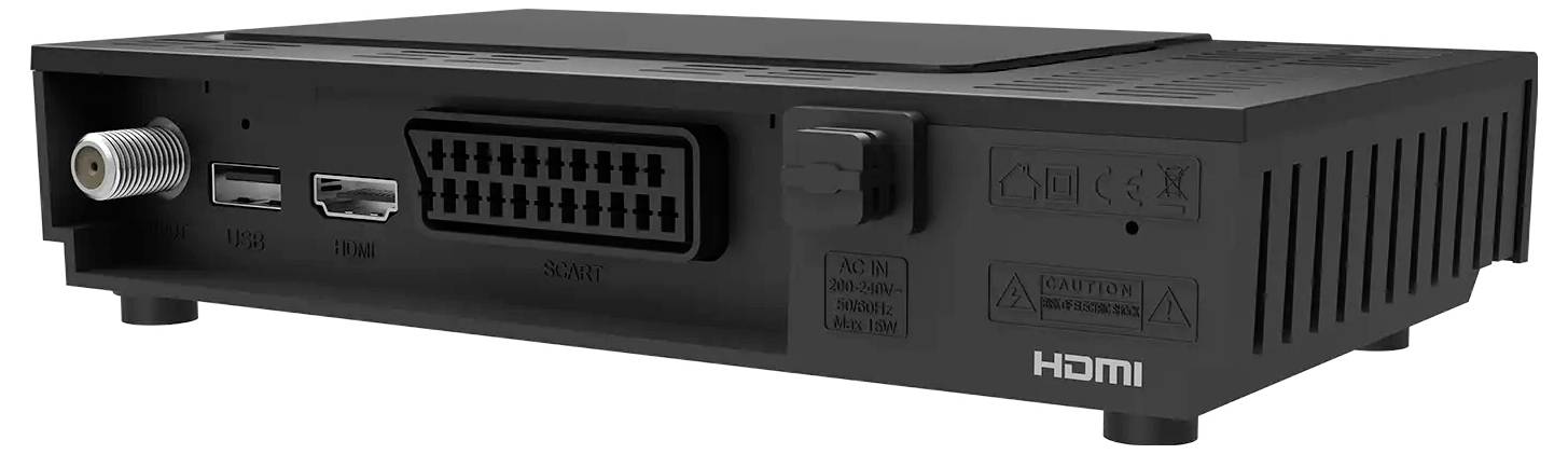 Schwarze HDMI Set-Top-Box Rückseite mit Koaxial-, USB-, HDMI-, SCART-, Stromeingang und Belüftungsschlitzen.