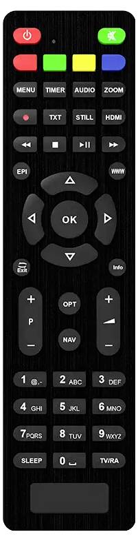 Schwarze TV-Fernbedienung mit Power-, Menü-, Eingangs-, Lautstärke- und Kanaltasten, Navigationspad, Nummernfeld und Wiedergabesteuerungen.