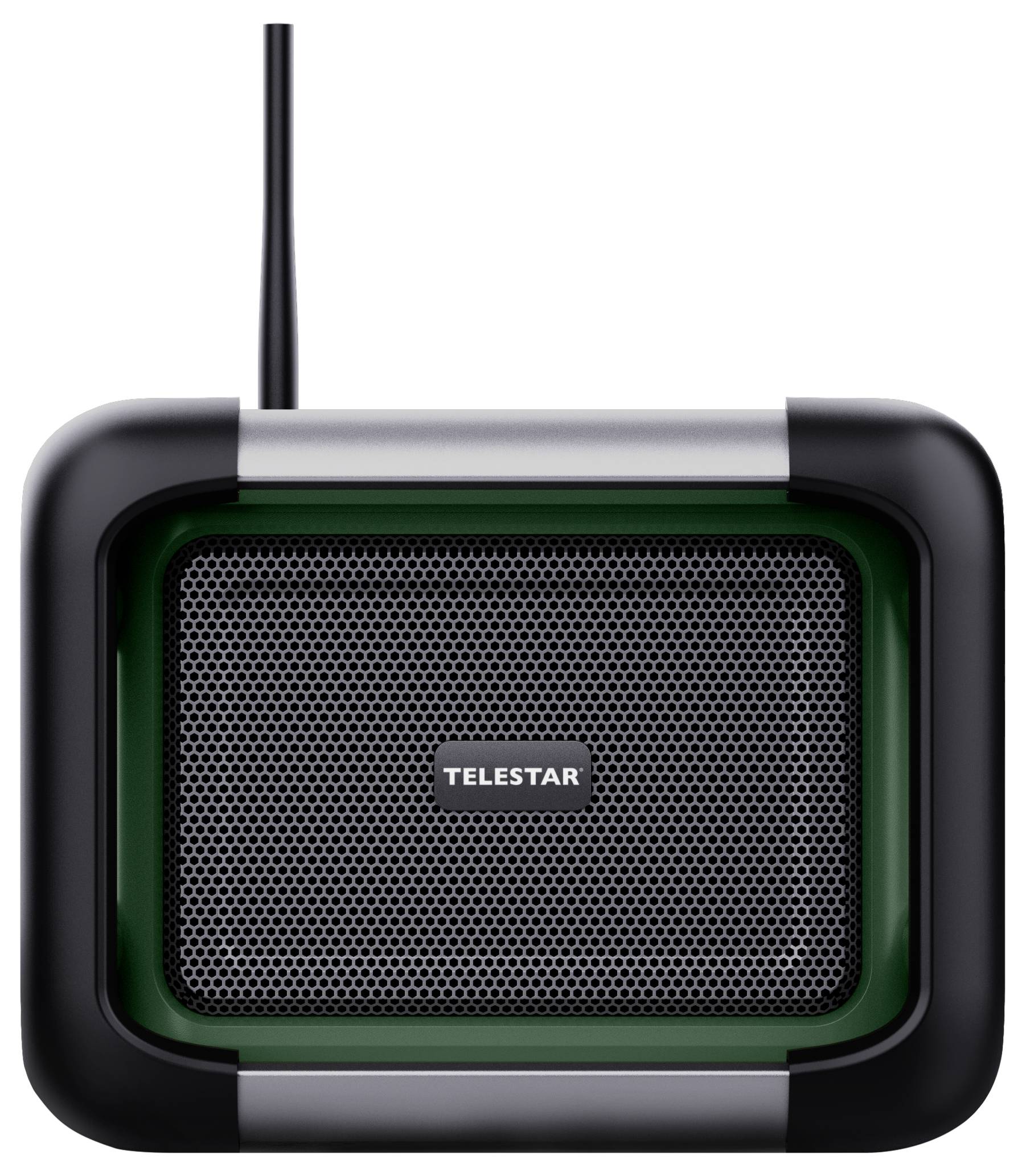 Vorderansicht eines schwarzen tragbaren Telestar-Radios mit Antenne und Lautsprechergitter, zentriert auf einem einfachen weißen Hintergrund.