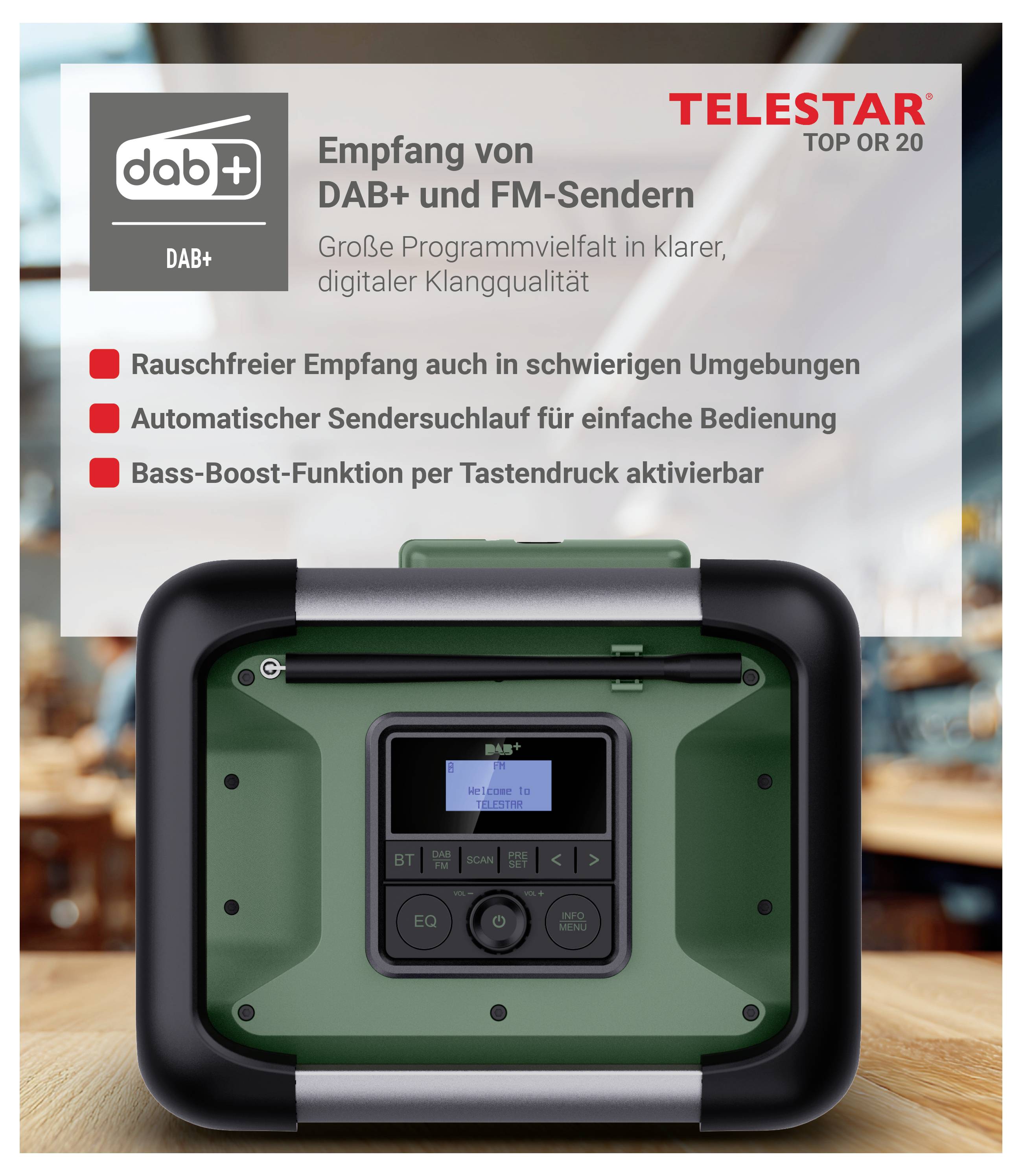 Telestar Top 20 R DAB+ tragbares Radio auf einem Holztisch, mit deutschem Text zur Bewerbung von DAB+ und UKW-Empfang, kristallklarem digitalem Sound und Bassboost.