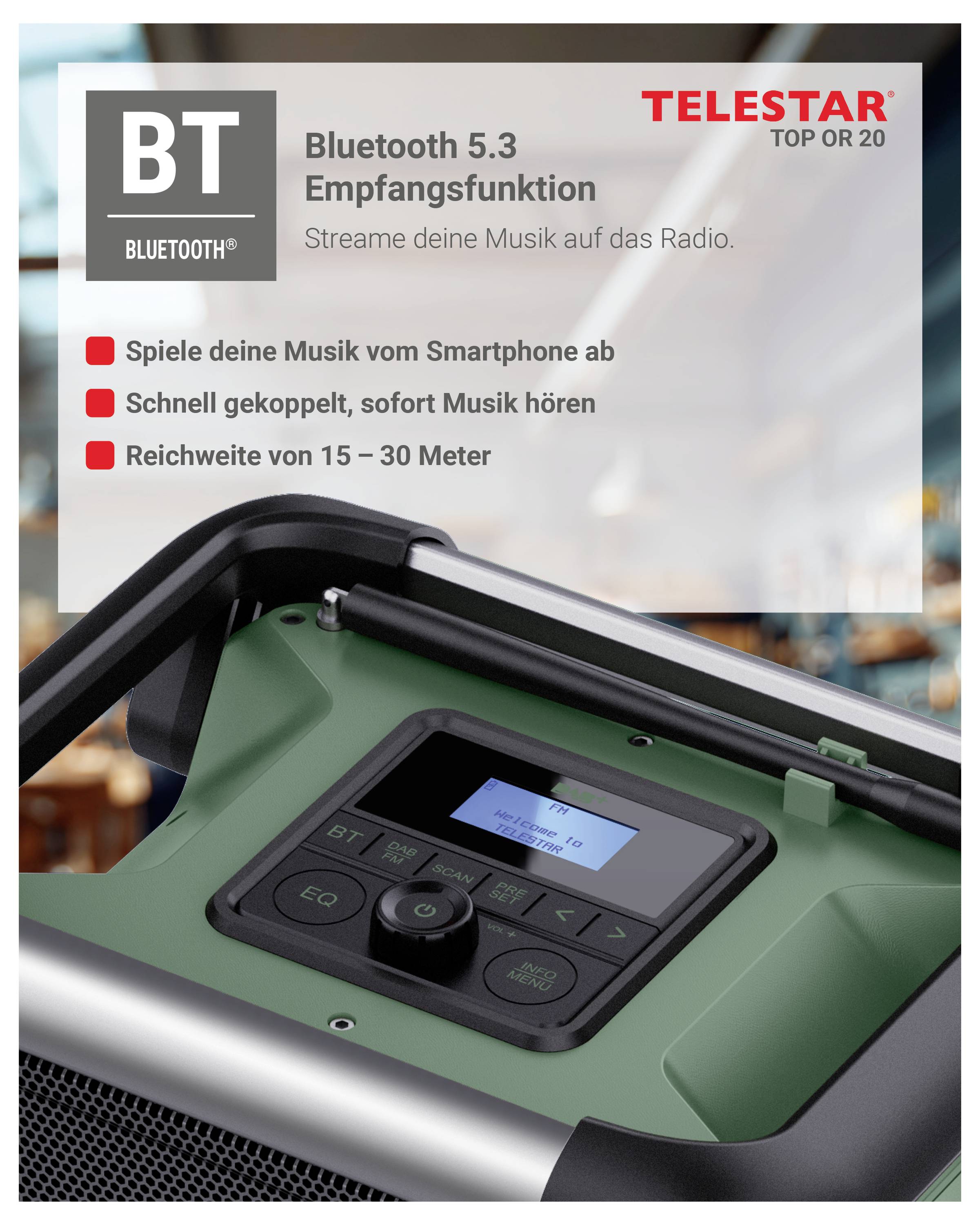 Telestar Top 20 Radio mit Bluetooth 5.3 Empfang, zeigt ein Bedienfeld und deutschen Text, der Smartphone-Musikstreaming, schnelle Kopplung und eine Reichweite von 15–30 Metern bewirbt.