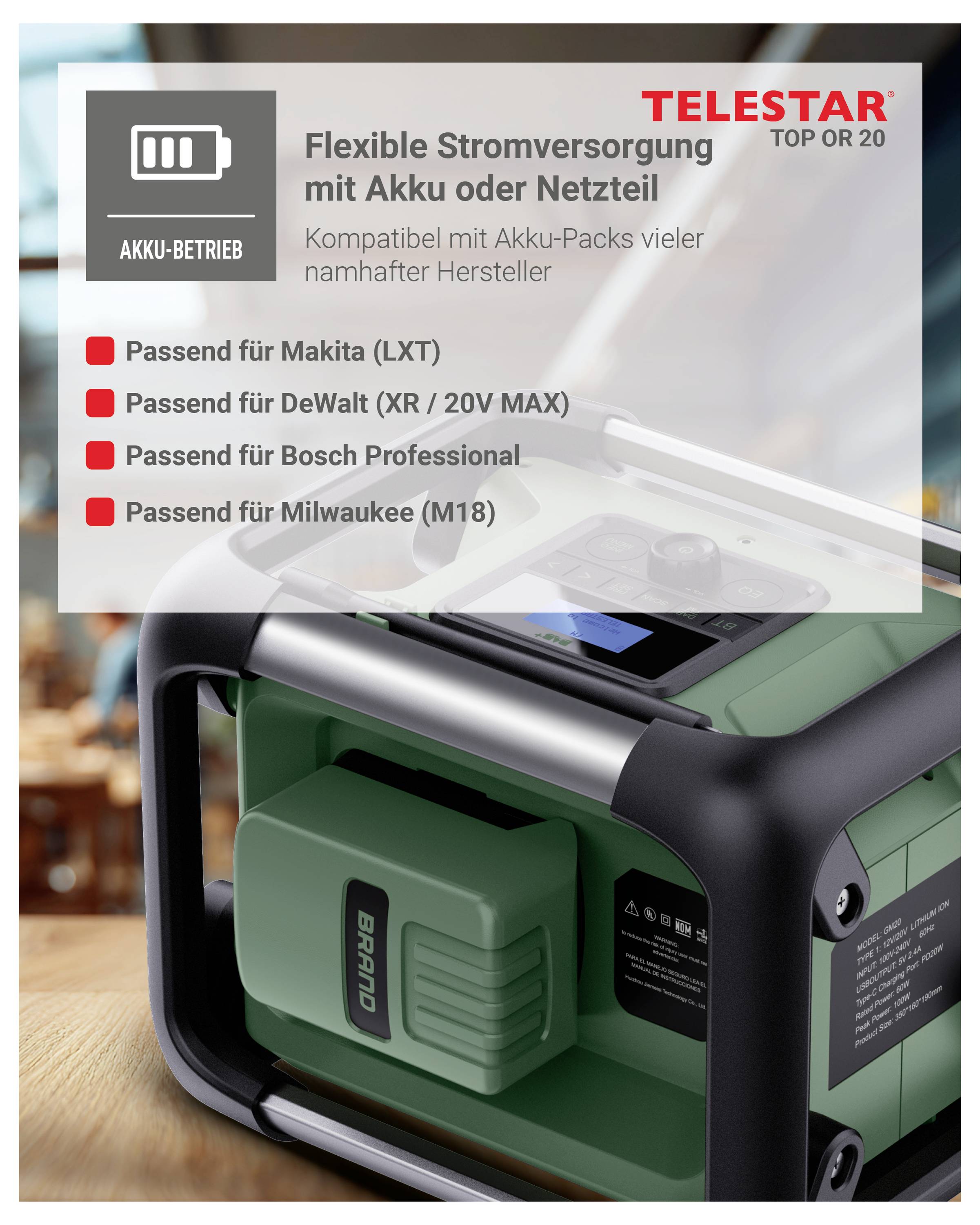 Telstar Top 20 tragbares Ladegerät/Wechselrichter im Betrieb mit Batterie- oder Netzstrom, kompatibel mit Makita-, DeWalt-, Bosch Professional- und Milwaukee-Batterien.