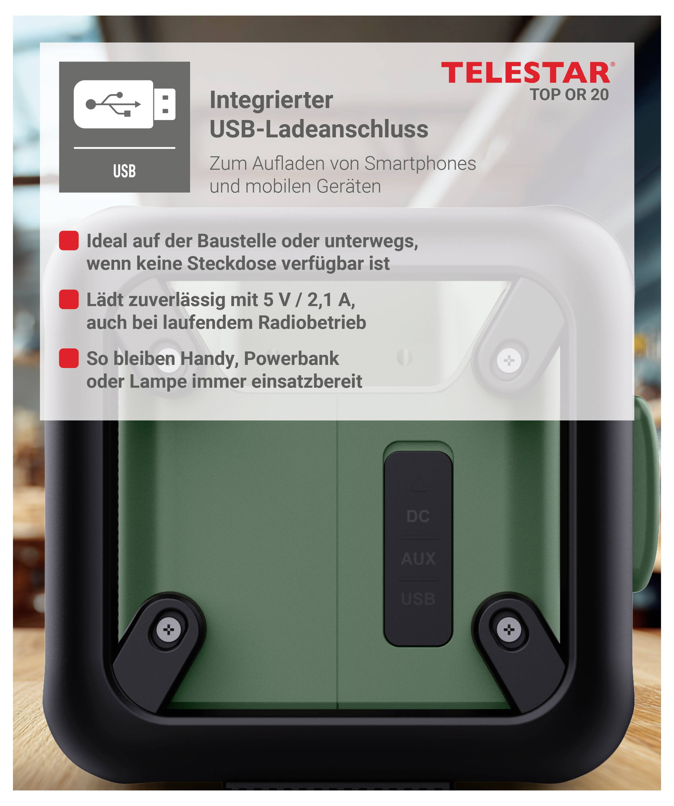Werbeabbildung eines Telestar Top 20-Geräts mit integriertem USB-Ladeanschluss für Smartphones und Mobilgeräte; der Text hebt die Verwendung von 5V/2,1A auf Baustellen oder beim Reisen hervor.
