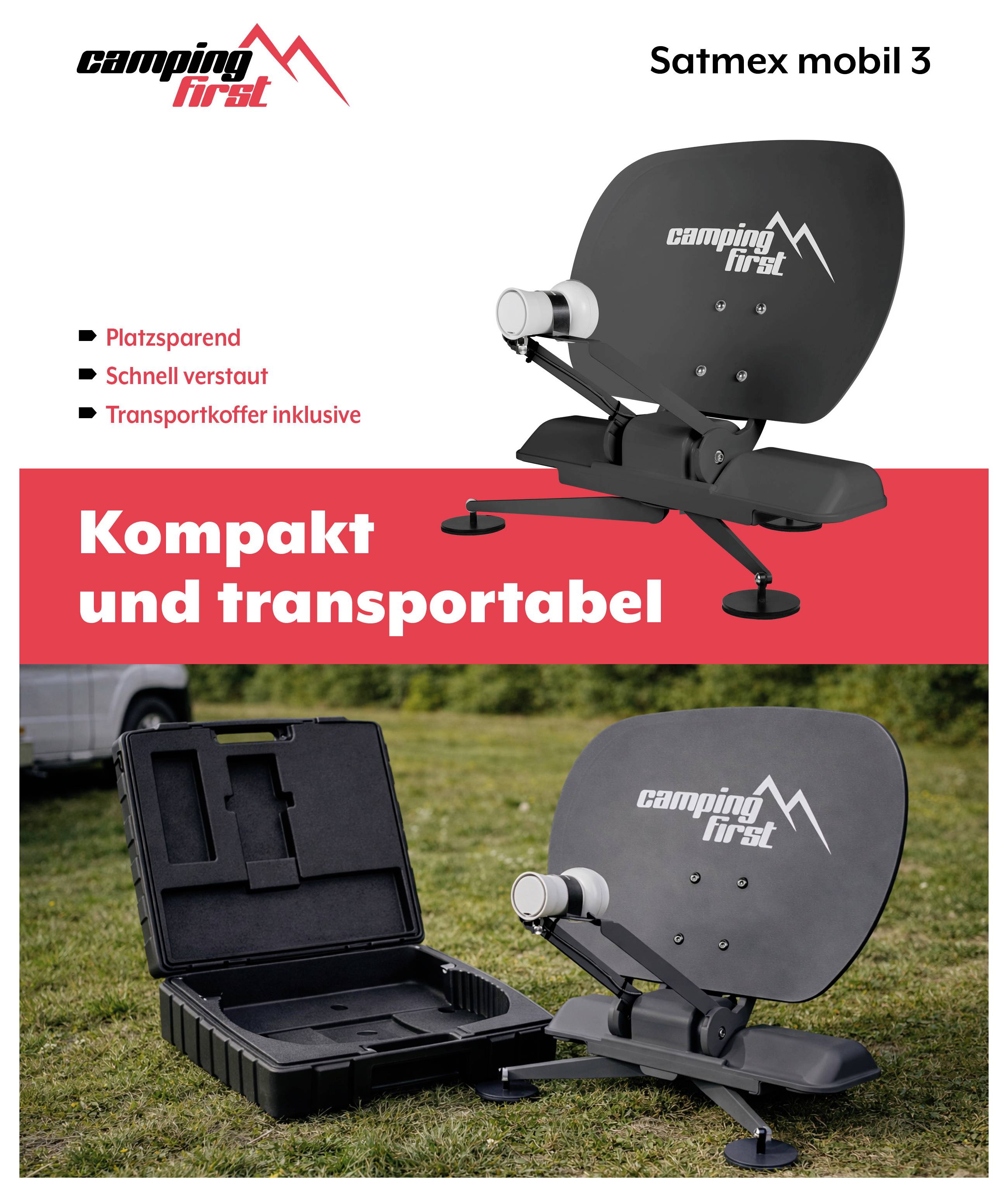 Promotionsgrafik für „Camping First Satmex mobil 3" Satellitenantenne, die ein kompaktes tragbares Design und eine im Lieferumfang enthaltene Transporttasche zeigt, mit deutschem Text „Kompakt und transportabel".