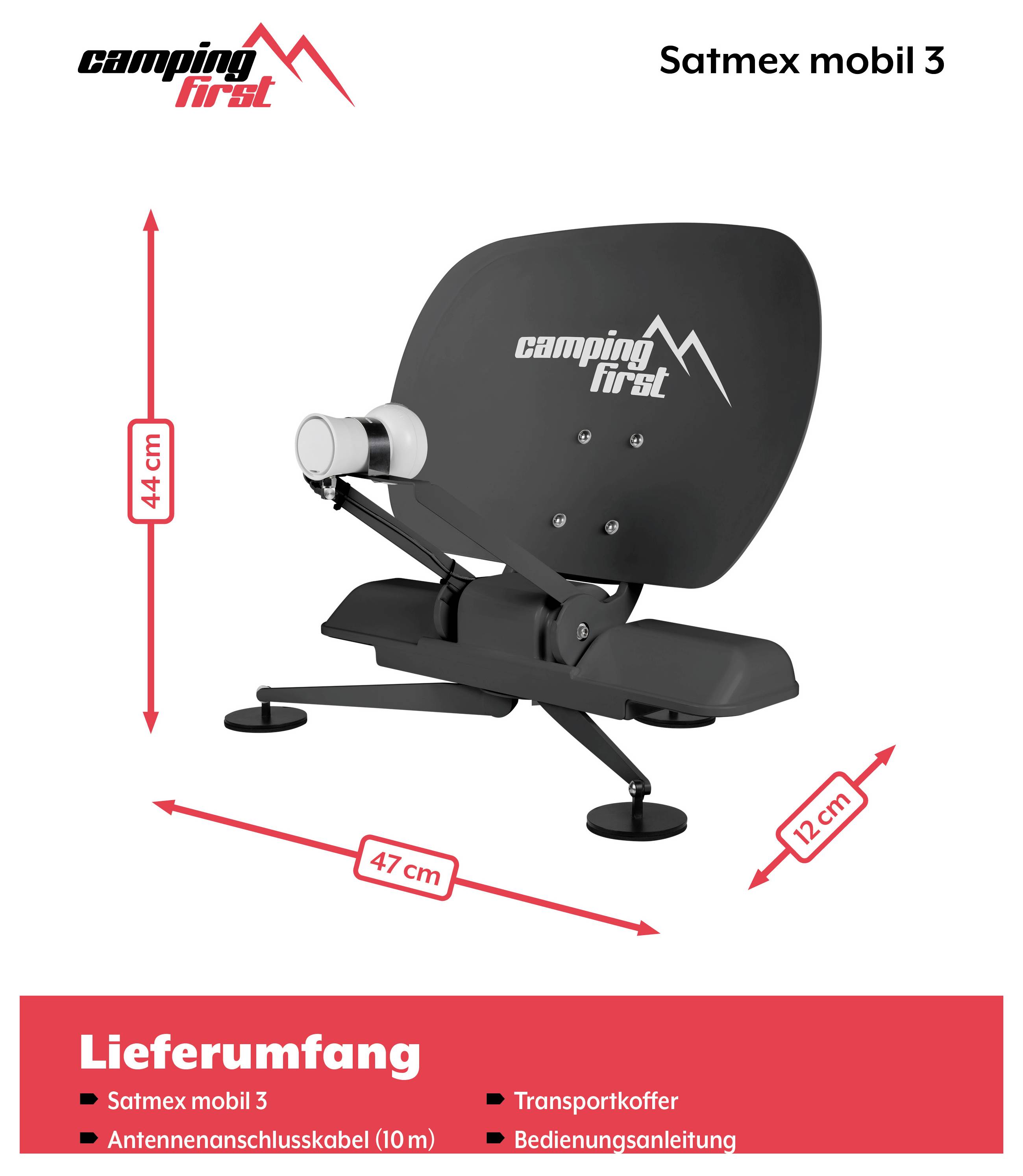 Camping First „Satmex mobil 3" Satellitenantenne auf Ständer mit beschrifteten Abmessungen von 44 cm Höhe, 47 cm Länge und 12 cm Breite; „Lieferumfang" listet enthaltene Teile und 10 m Verbindungskabel auf.