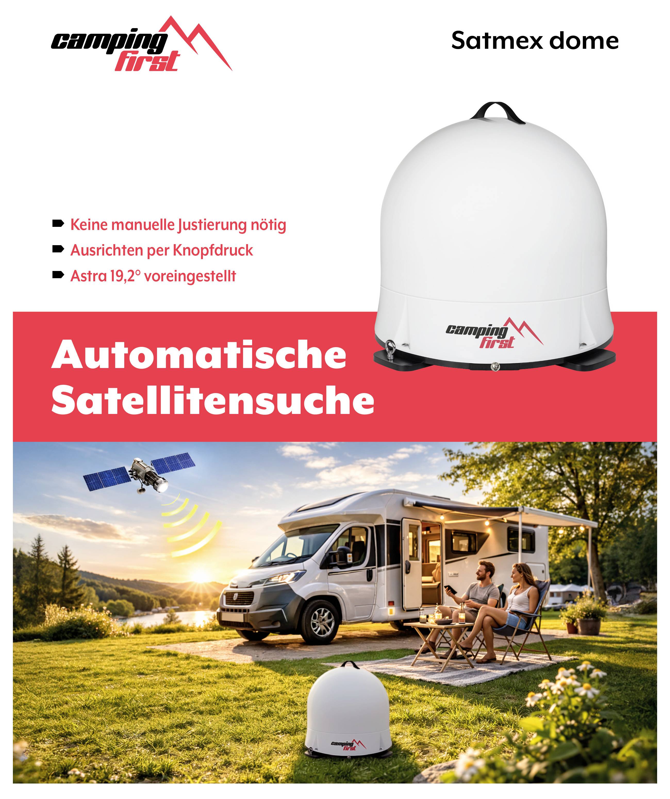 Camping First „Satmex dome" Satellitenkuppel mit automatischer Satellitensuche; Highlights sind keine manuelle Einstellung, eintastiges Alignment und voreingestellter Astra 19,2°, dargestellt in einer Wohnmobil-Campingszene.