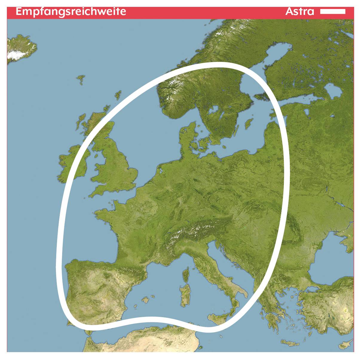 Karte Europas mit dem Abdeckungsgebiet des Astra-Satelliten, das in Weiß umrissen ist und auf West-, Mittel- und Nordeuropa zentriert ist.