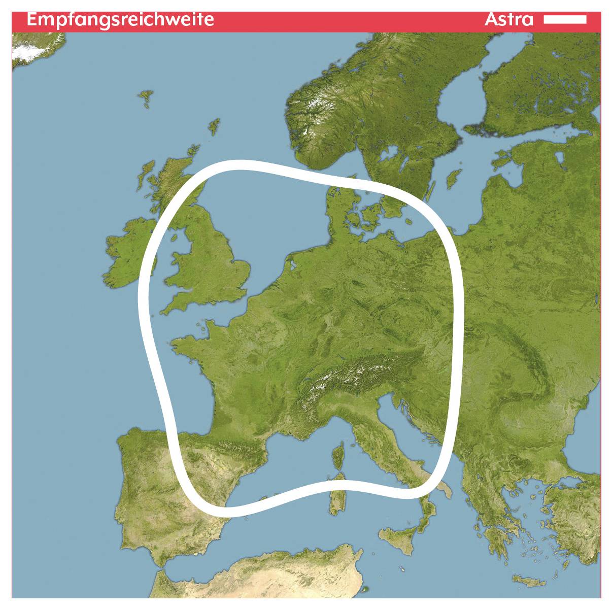Karte Europas mit weißer Umrandung, die die Astra-Satellitenabdeckung über den größten Teil West- und Mitteleuropas zeigt, mit den Beschriftungen „Empfangsreichweite" und „Astra".
