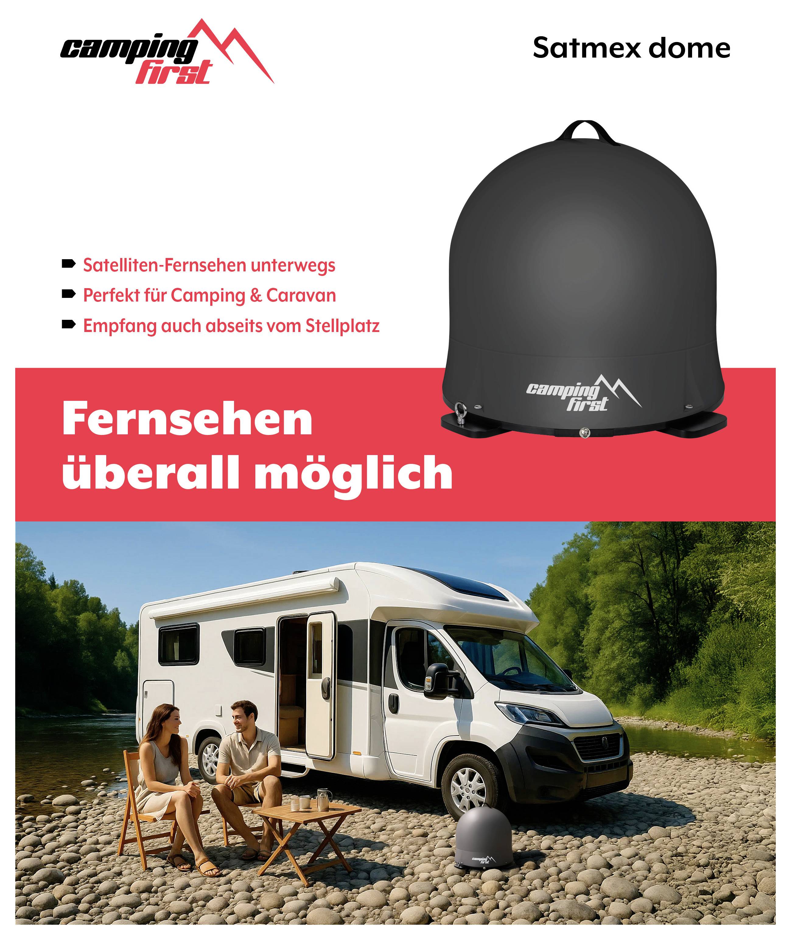 Camping First Satmex Dome Satelliten-Fernsehkuppel zum Camping und Caravanning, gezeigt mit einem Wohnmobil und dem Text „Fernsehen überall möglich" und „Satelliten-Fernsehen unterwegs"