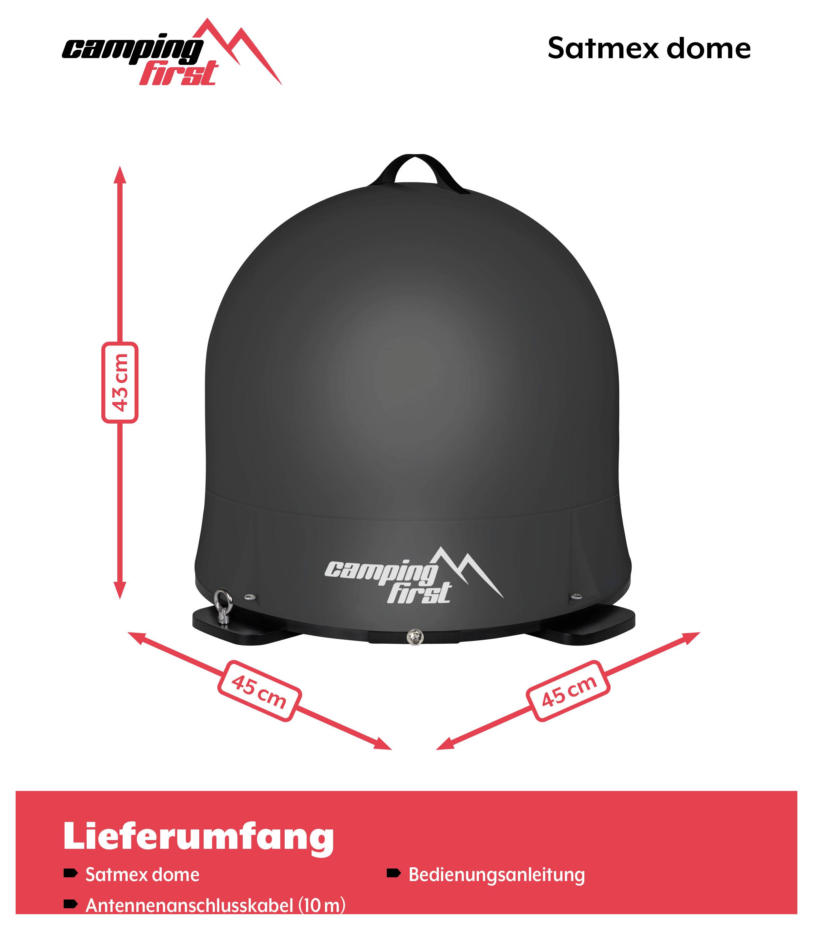 Camping First „Satmex dome" schwarzes Kuppelzelt, Vorderansicht gezeigt mit Abmessungen 43 cm Höhe und 45 cm Breite/Tiefe; beinhaltet „Lieferumfang" Artikel und Anleitung.