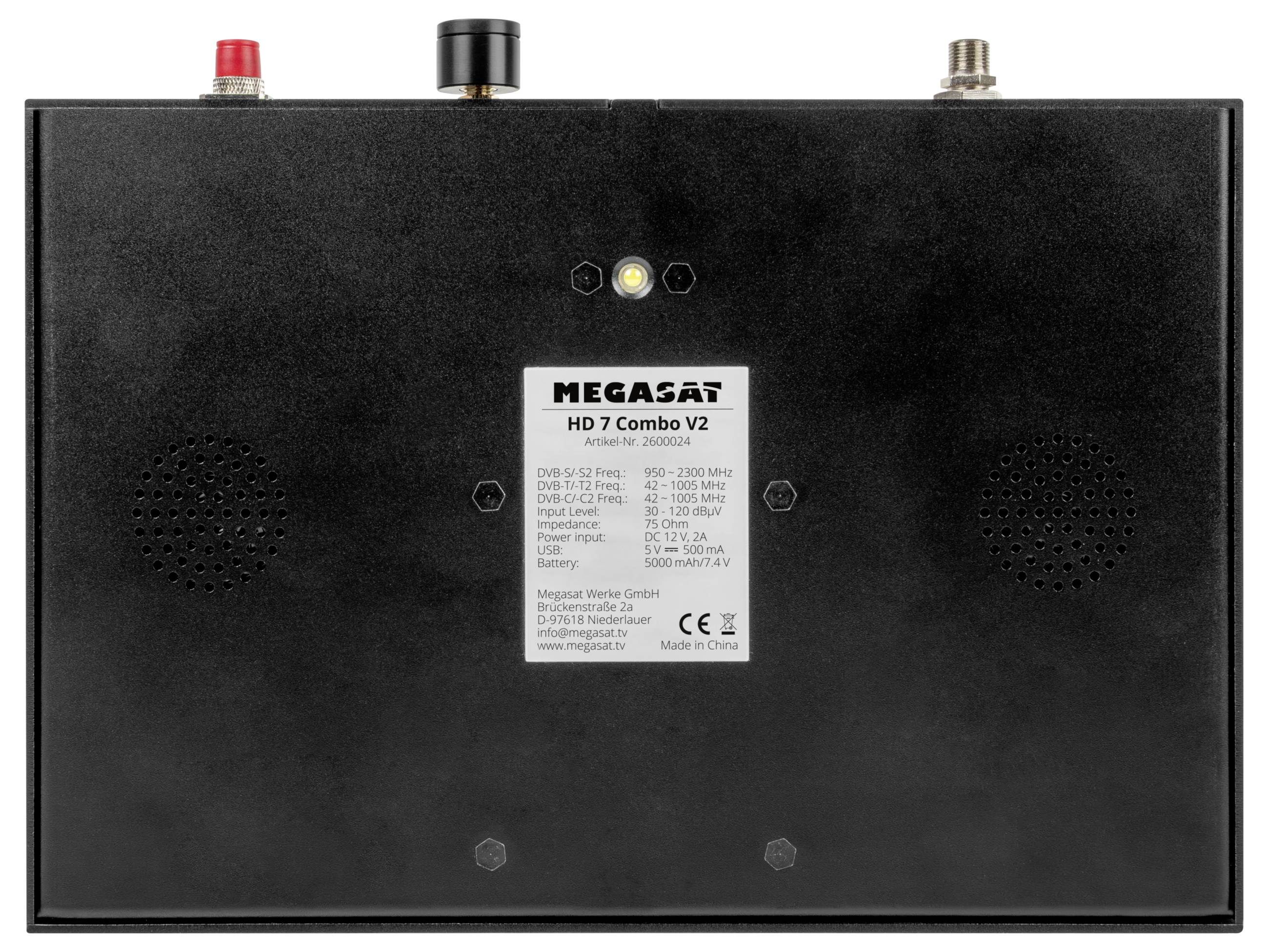 Rückansicht eines Megasat HD 7 Combo V2 Satellitenreceivers mit roten, schwarzen und silbernen Anschlüssen und einem zentralen Produktetikett.