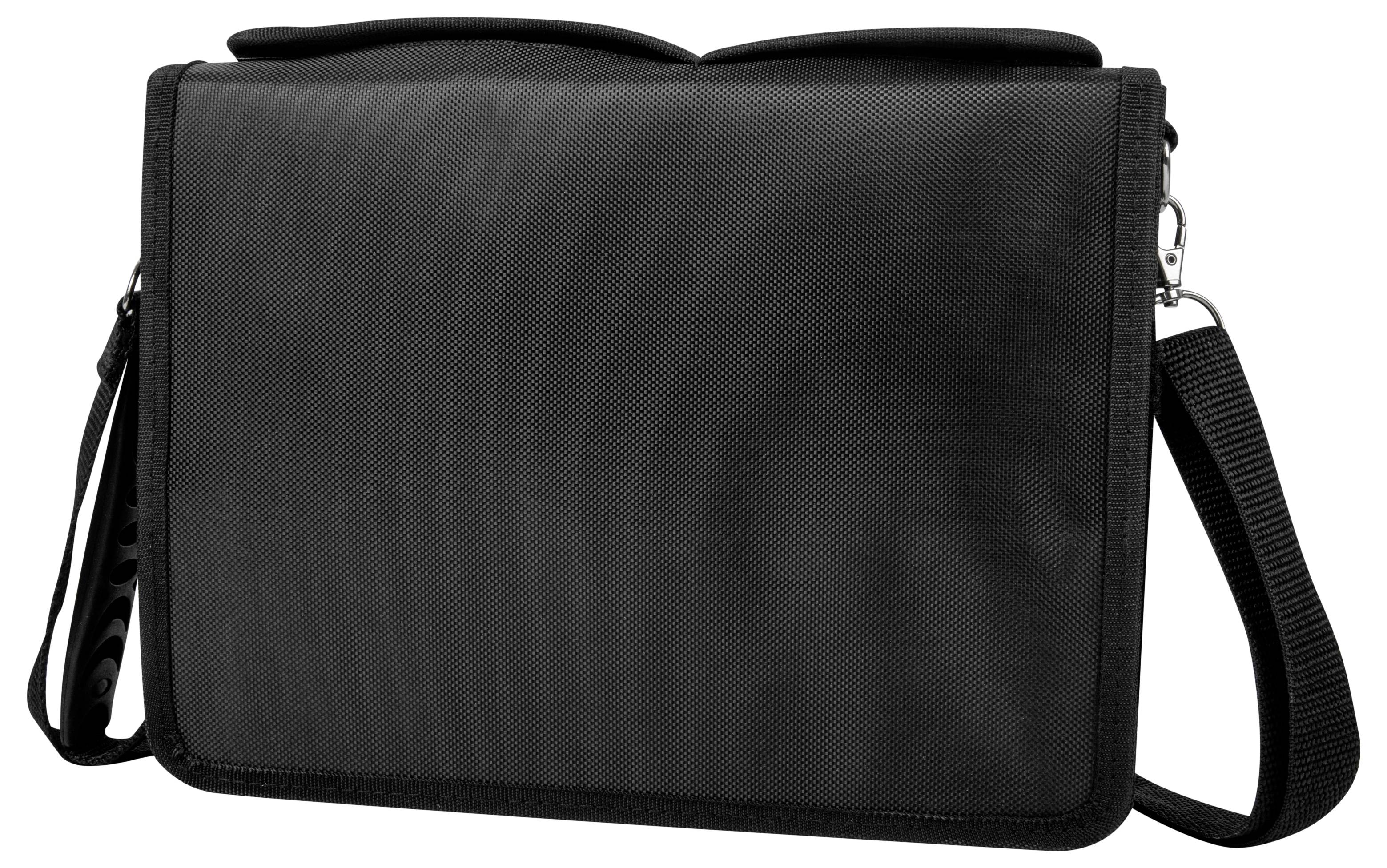 Schwarze Laptoptasche mit Schultergurt, Griffen und verstellbarem Riemen, dargestellt vor weißem Hintergrund.