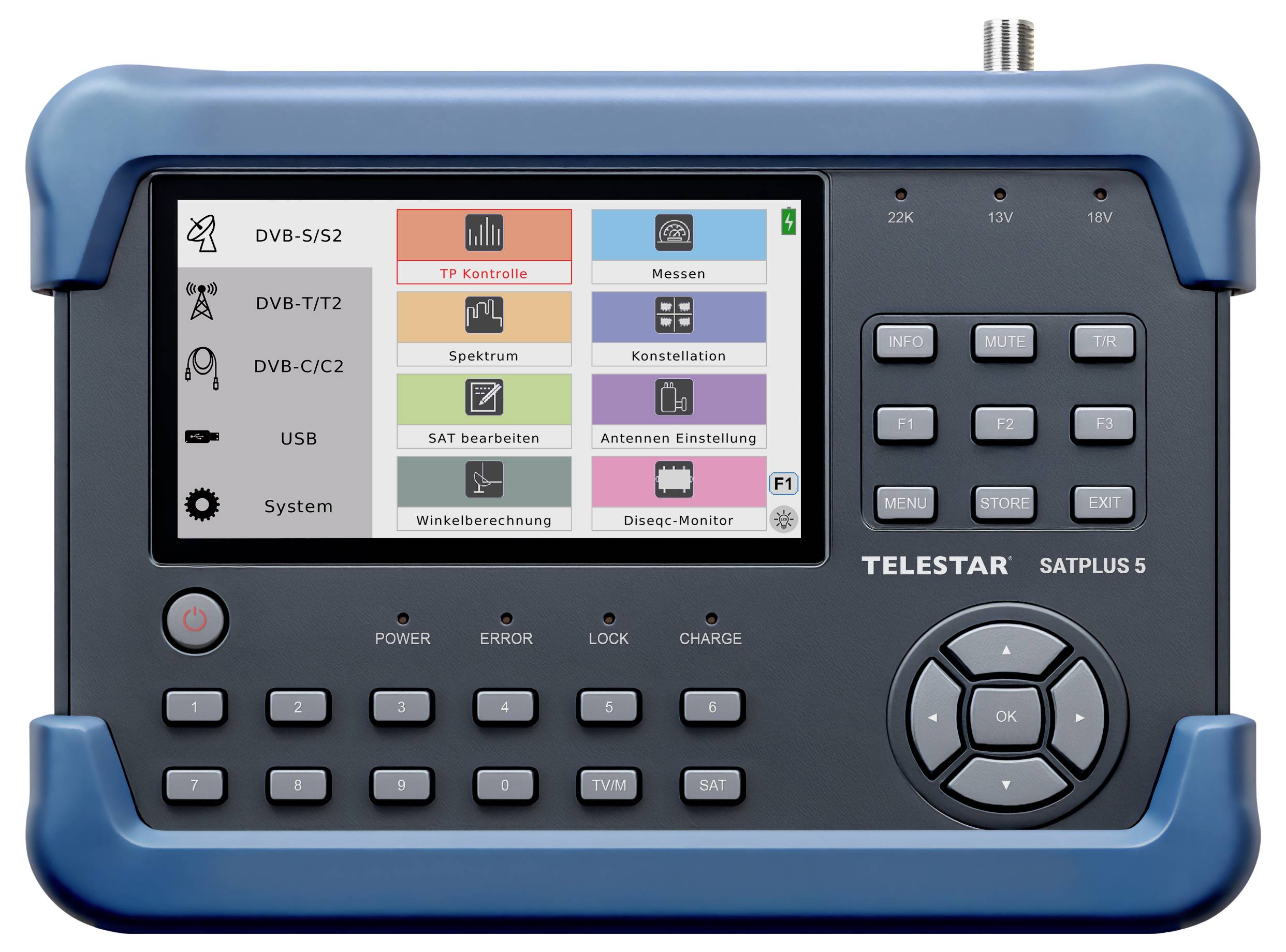 Telestar SATPLUS 5 tragbares Satellitensignalmessgerät mit Farb-Touchscreen-Menü und physischen Steuertasten.