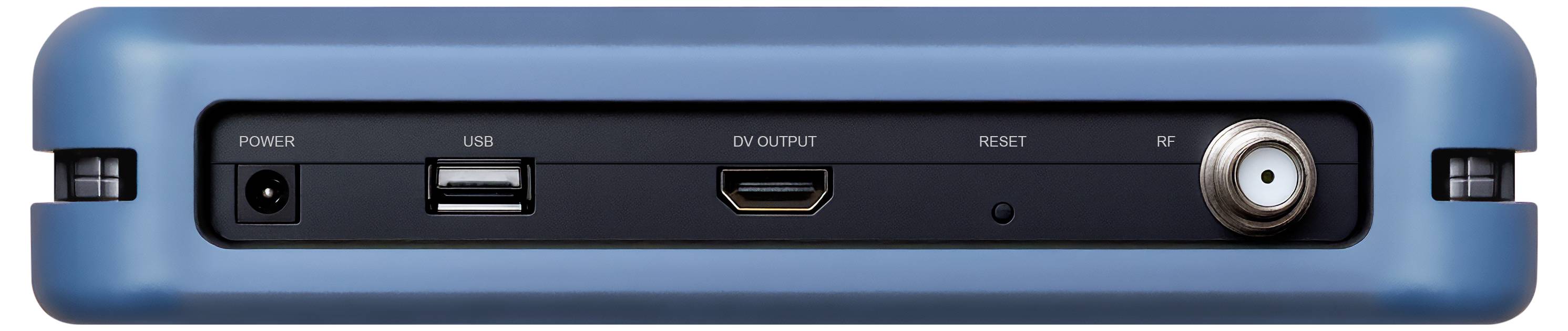 Frontansicht eines blauen Geräts mit beschrifteten Anschlüssen und Bedienelementen: Stromversorgung, USB, DV-Ausgang, Zurücksetzen und HF-Eingang.