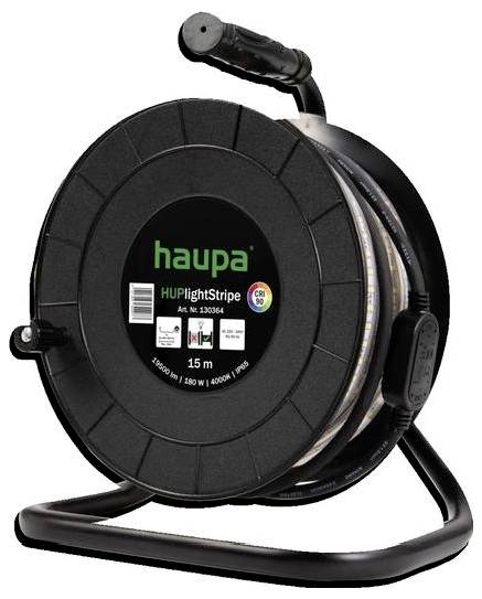 Schwarze Haupa HUPlightStrip LED-Kabelrolle auf einem Metallständer, mit der Bezeichnung 15 m, mit aufgewickeltem Streifenlicht und Stromkabel.