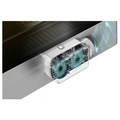 Schnittansicht eines Gerätemoduls auf einer Schiene oder Schiene, das zwei leuchtende Lüfter in einem metallischen Gehäuse zeigt und auf Kühlung oder Belüftung hindeutet.