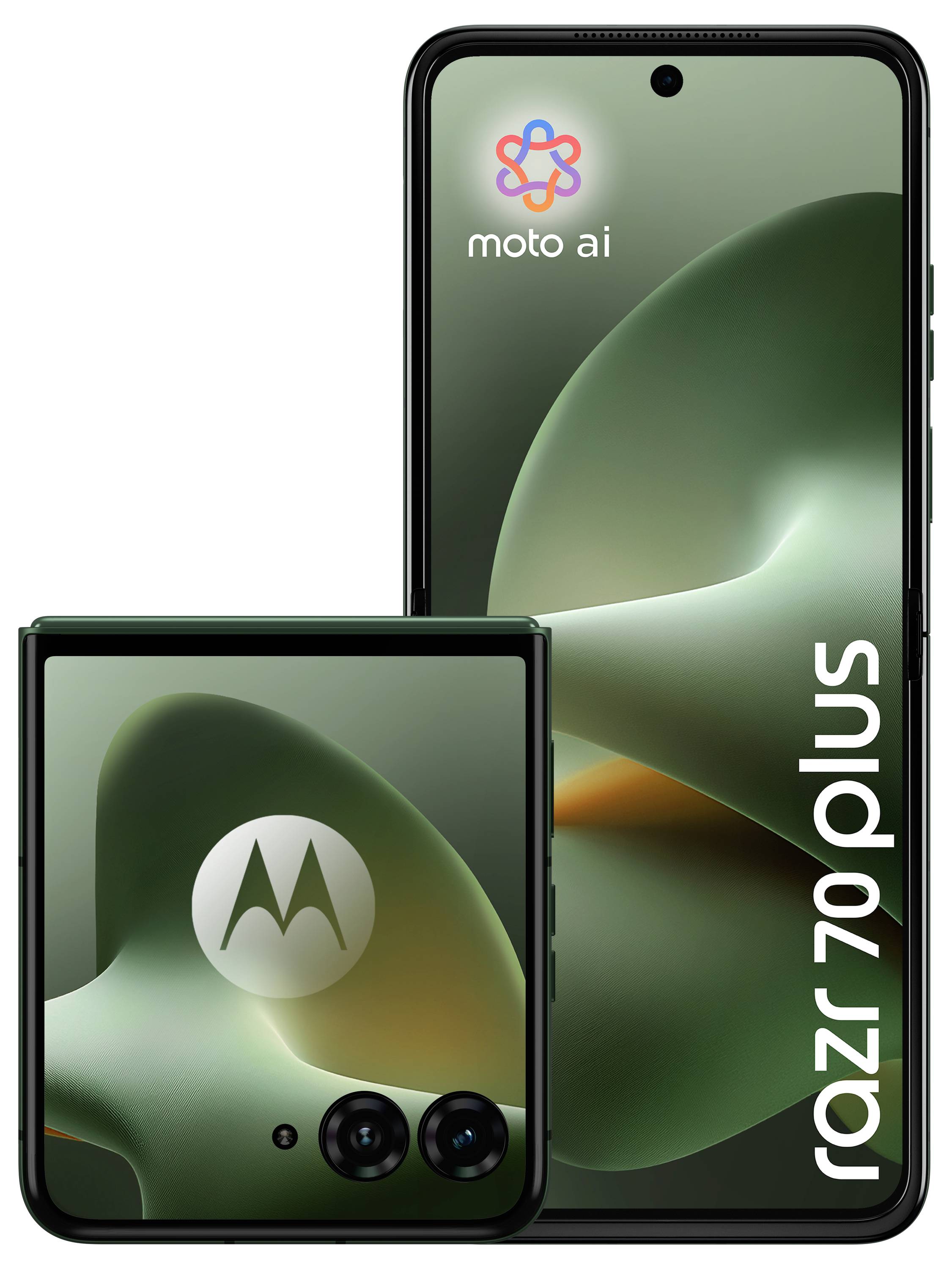 Zwei Motorola-Telefone von vorne gezeigt und aufgeklappt, mit grünen abstrakten Bildschirmen mit „moto ai" und „razr 70 plus" Branding.