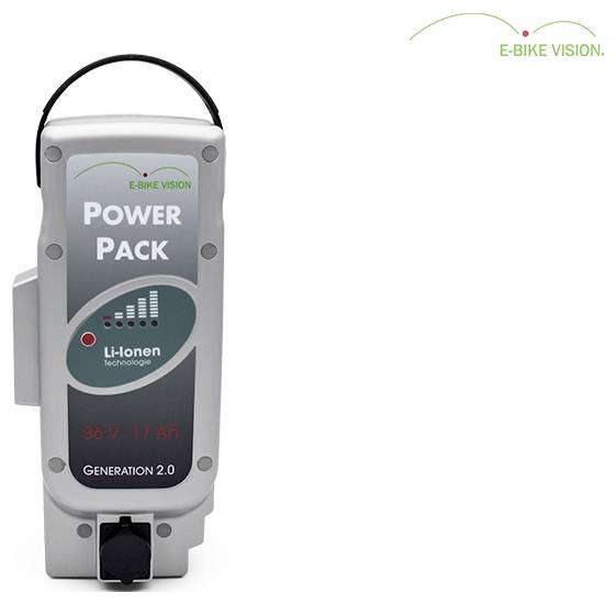 E-Bike-Akku mit der Bezeichnung „POWER PACK" mit E-BIKE VISION-Branding, 36V 17Ah, Generation 2.0.