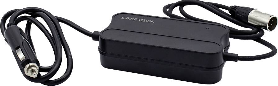 Schwarze E-Bike Vision Batterieadapterbox mit angeschlossenen Kabeln und runden Steckverbindern, dargestellt auf weißem Hintergrund.