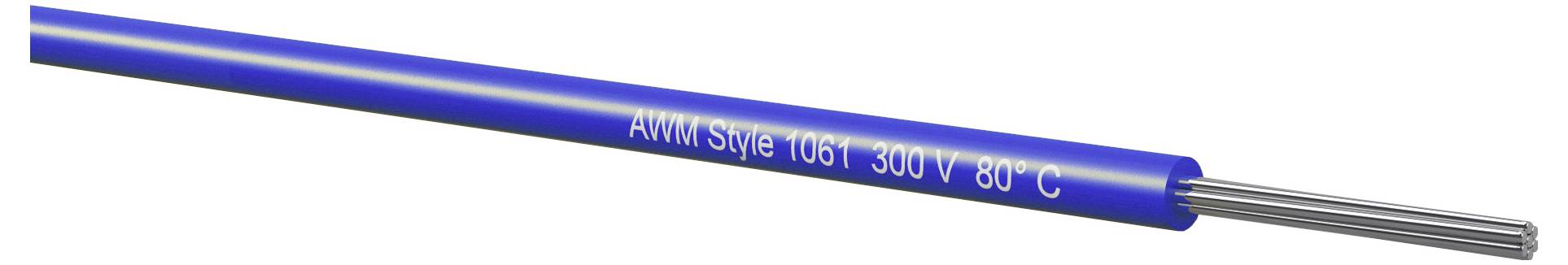 Blau isoliertes Elektrokabel mit der Bezeichnung „AWM Style 1061 300 V 80°C" mit freiliegenden Silberleitern am Ende.
