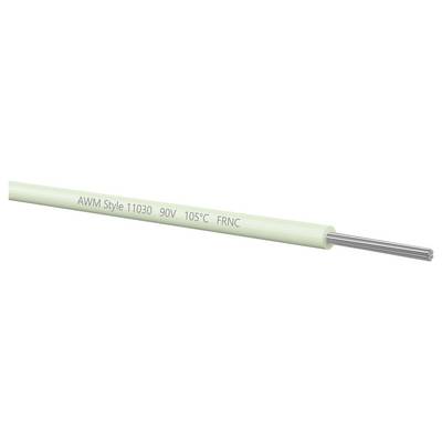Grünes isoliertes Elektrokabel mit der Beschriftung „AWM Style 11030 90V 105C FRNC" mit freigelegten Silberleitern an einem Ende.