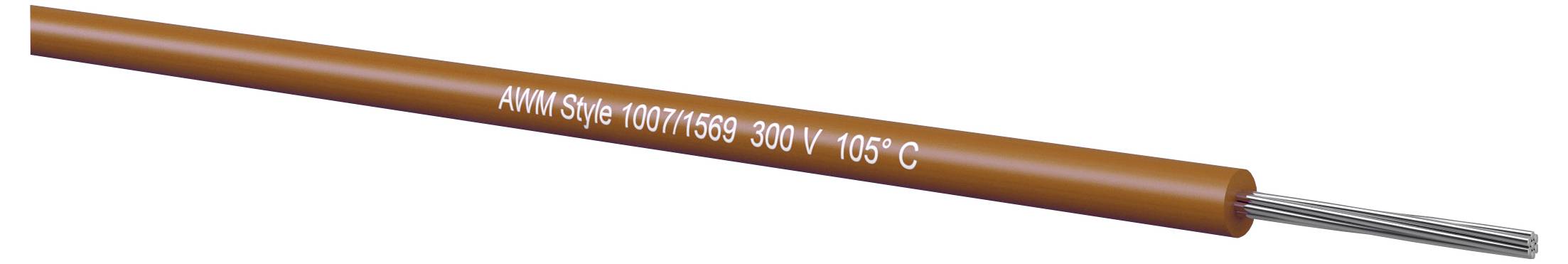 Braunes isoliertes Elektrokabel mit der Bezeichnung „AWM Style 1007/1569 300 V 105°C", mit freigelegten silbernen Leitern an einem Ende.