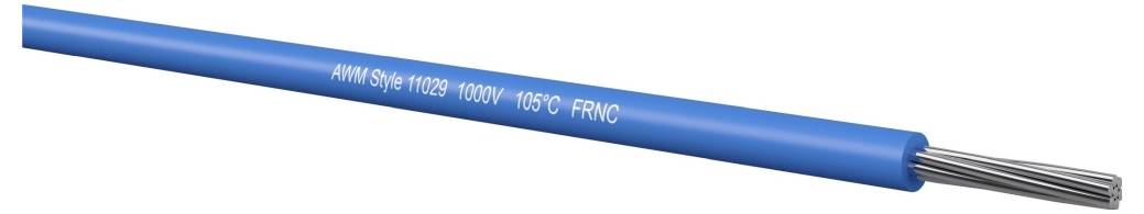 Blaues Stromkabel mit der Bezeichnung „AWM Style 1029 1000V 105°C FT1" mit freiliegenden Silberdrahtlitzen an einem Ende.