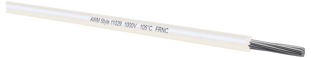 Ein graues Kabel mit der Beschriftung „AWH Style 11029 1000V 105°C FRNC" mit freiliegenden schwarzen Drahtenden.