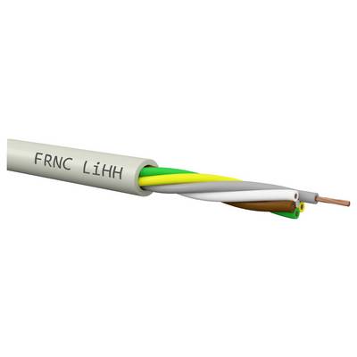 Querschnitt eines grauen Kabels mit der Bezeichnung „FRNC LiHH", das mehrere farbig isolierte Drähte und einen Kupferleiter im Inneren zeigt.