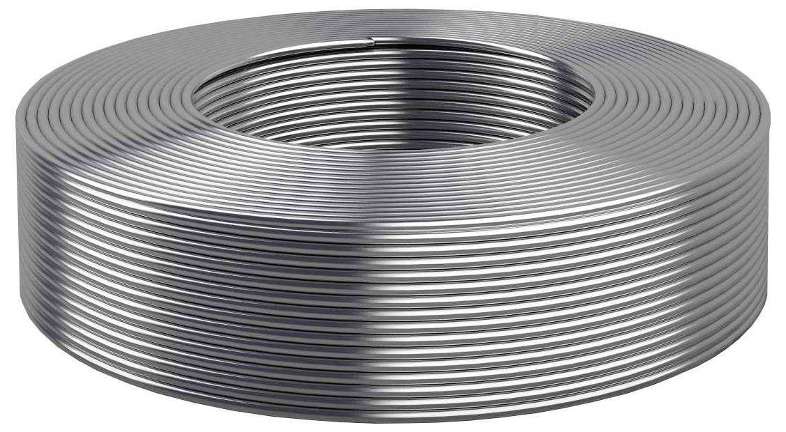 Aufgewickeltes silbernes Metallrohr oder Streifen, das zu einer flachen kreisförmigen Spule gewickelt ist.