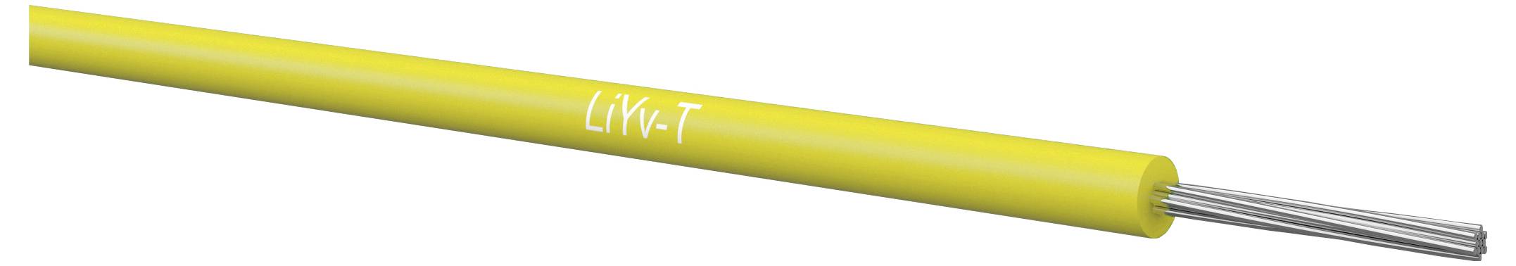 Gelbes zylindrisches Kabel mit der Bezeichnung „LiV-T" mit freiliegenden silbernen Drähten, die sich von einem Ende erstrecken.