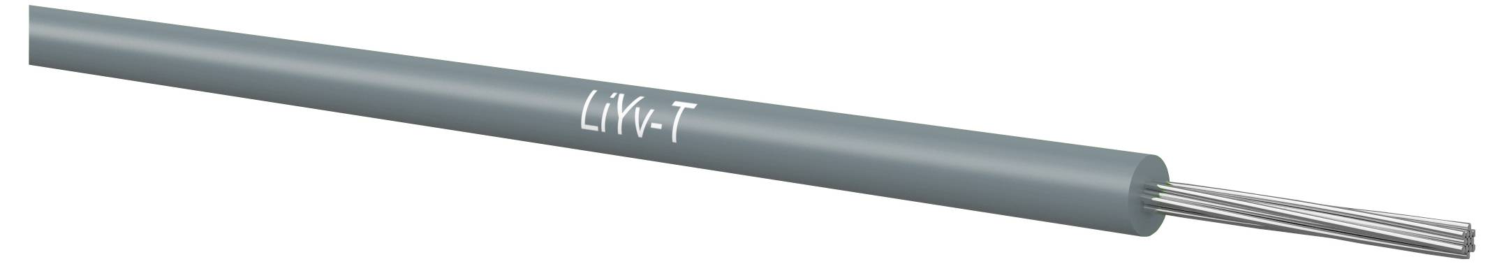 Graues isoliertes Elektrokabel mit der Bezeichnung „LiV-T" mit freiliegenden silbernen Drahtlitzen an einem Ende.