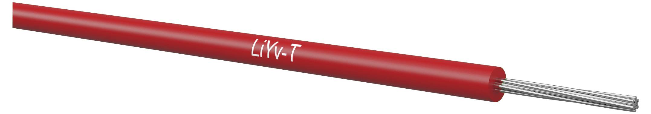Rotes Stromkabel mit freiliegenden silbernen Drähten und weißem „LiV-T"-Etikett auf weißem Hintergrund.