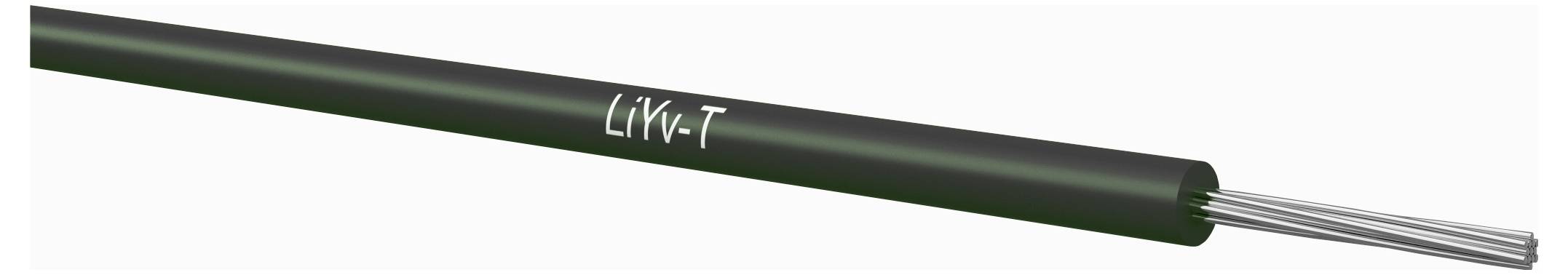 Ein dunkelgrünes zylindrisches Kabel mit der Beschriftung „LiV-T" auf seiner Ummantelung, mit freiliegenden Silberdrähten, die sich von einem Ende erstrecken.