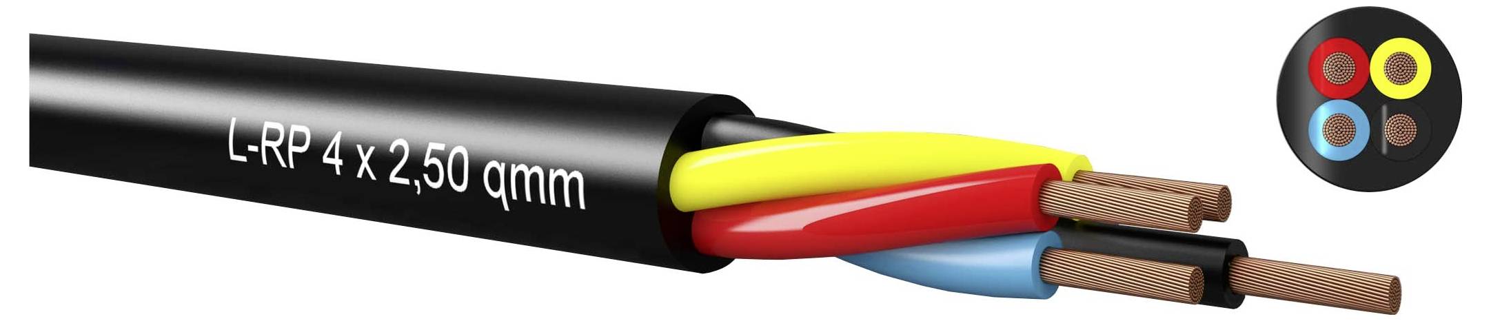 Abbildung eines 4-adrigen Elektrokabels mit der Bezeichnung „L-RP 4 x 2,50 qmm", mit schwarzer Außenschicht, die rot, gelb, blau und braun isolierte Leitungen freilegt.