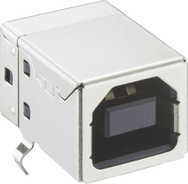 Nahaufnahme eines Metall-USB-Typ-B-Buchsenconnectors, der die rechteckige Buchse und Befestigungslaschen auf weißem Hintergrund zeigt.