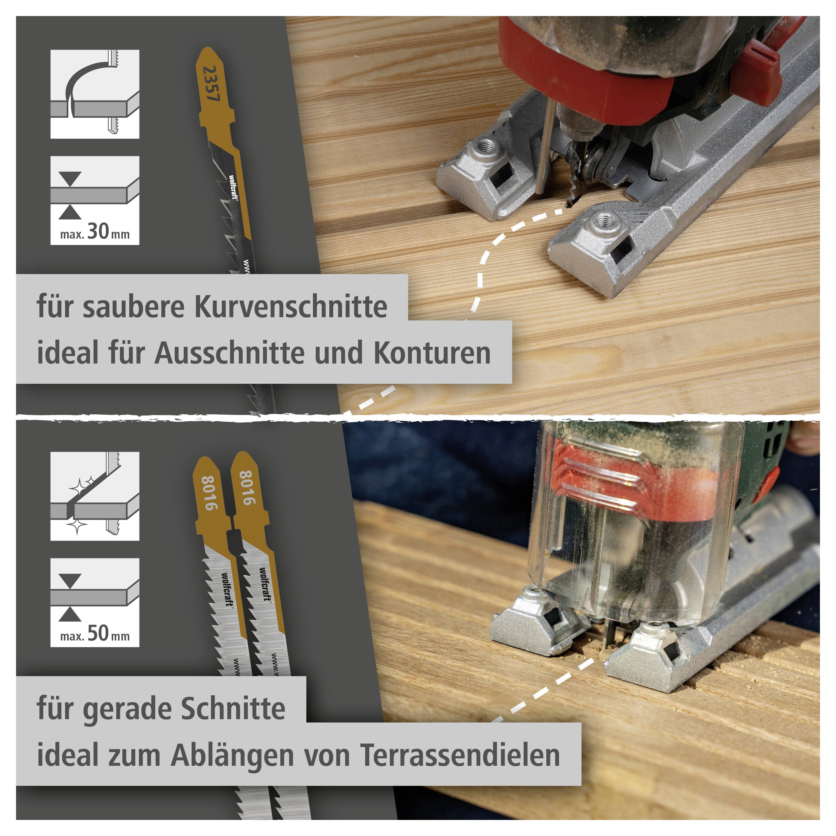 Zwei-Panel-Produktgrafik zum Vergleich von Stichsägeblättern: oben für saubere Kurvenschnitte und Ausschnitte in Holz bis 30 mm, unten für gerade Schnitte und zum Zuschneiden von Terrassenbelägen bis 50 mm.