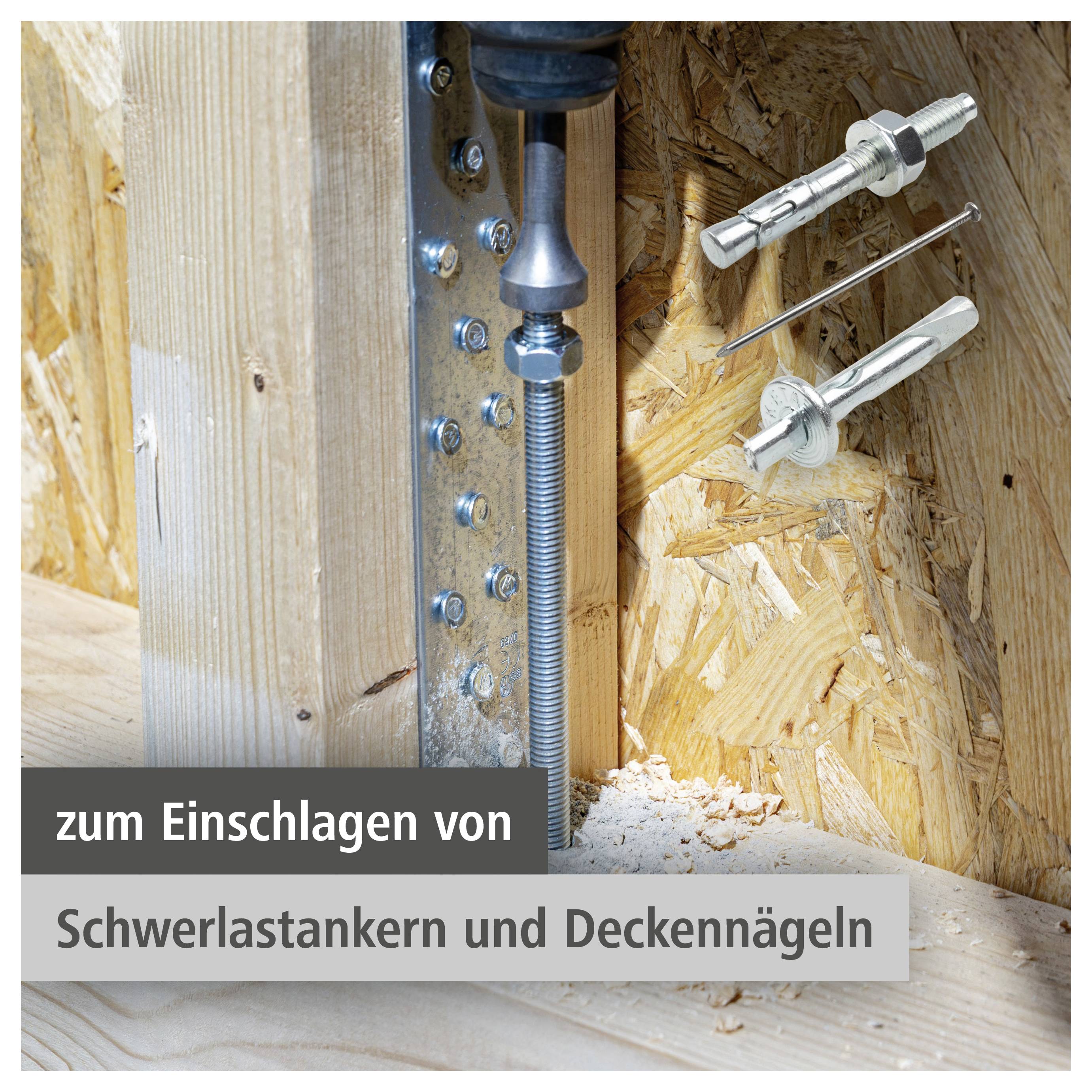 Werkzeug zum Einschlagen von Schwerlastankern und Deckennägeln in Holz, gezeigt neben einer Gewindemanschette und zwei Metallfastennern; Text lautet „zum Einschlagen von Schwerlastankern und Deckennägeln".