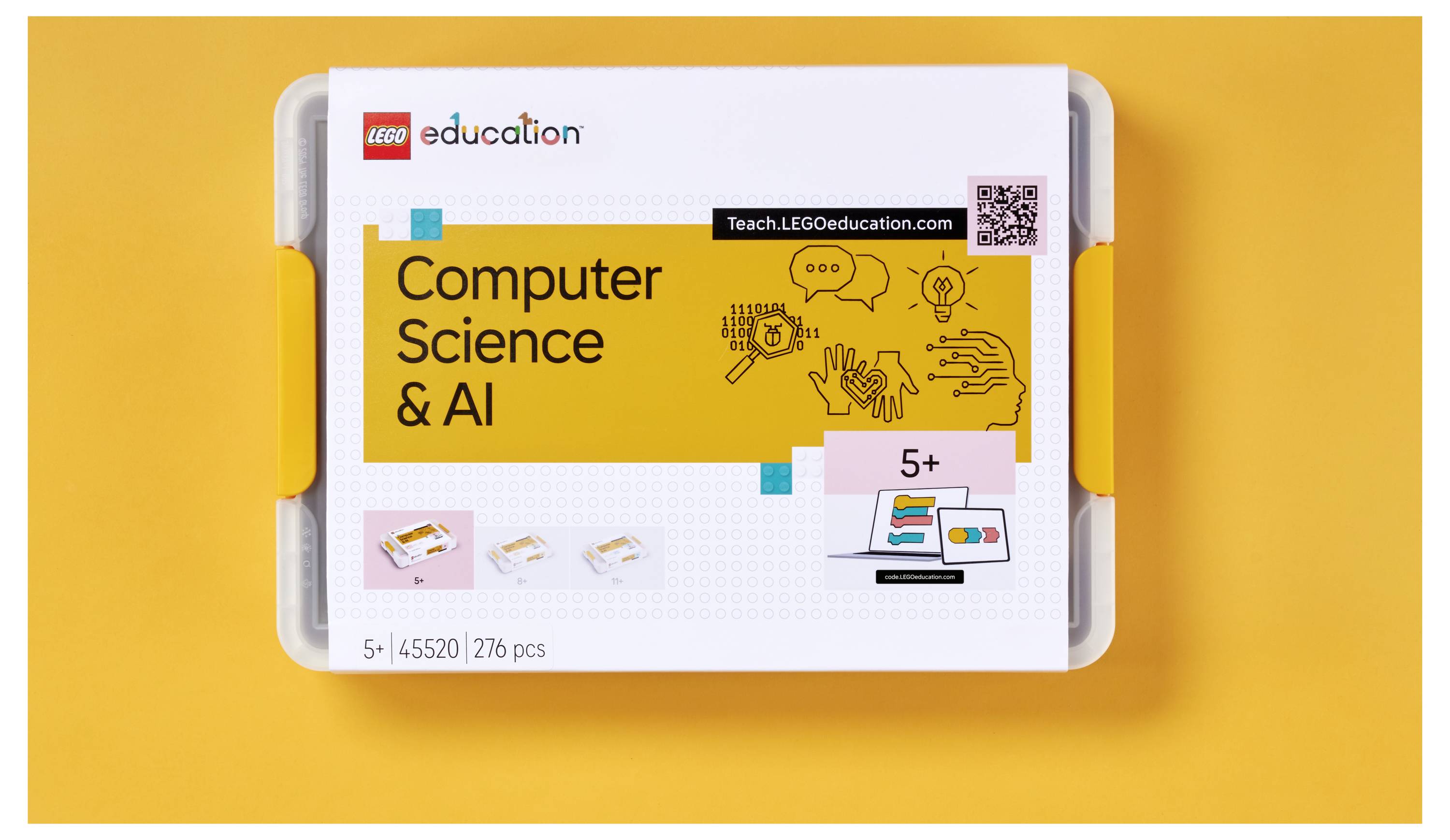 LEGO Education 'Computer Science & AI' Bausatz-Karton, gekennzeichnet für Alter 5+, mit 276 Teilen und einem QR-Code auf einem weißen Karton vor orangefarbenem Hintergrund.