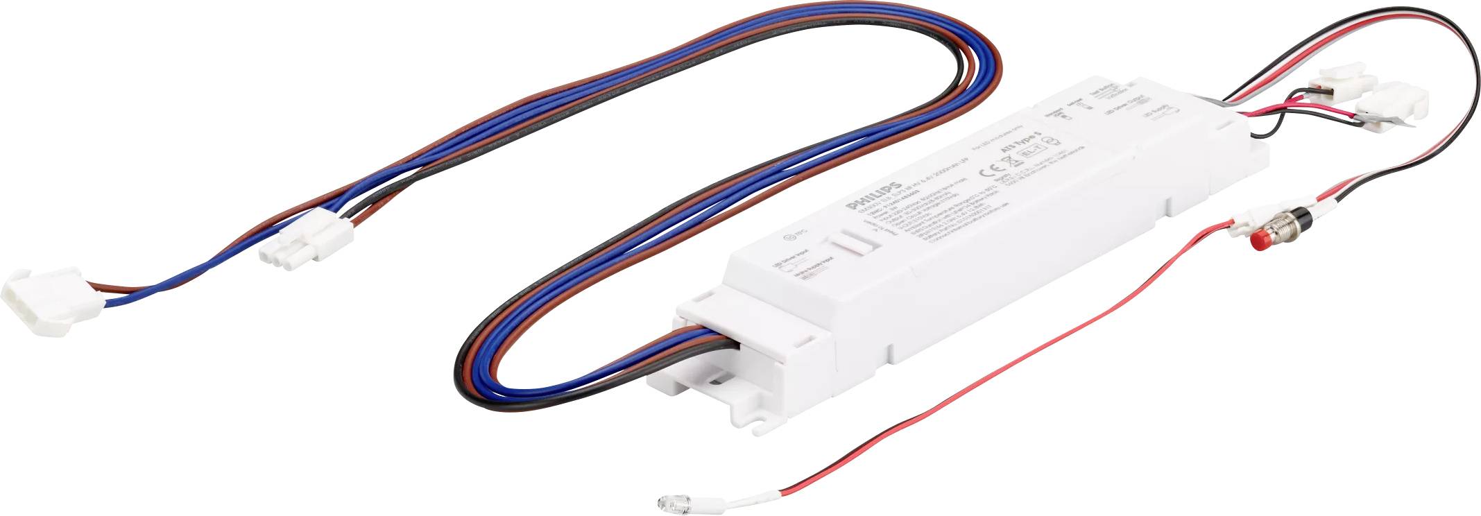 LED-Treibermodul in Weiß mit rot, blau und schwarzen Drähten und angebrachten Steckverbindern, gezeigt auf weißem Hintergrund.