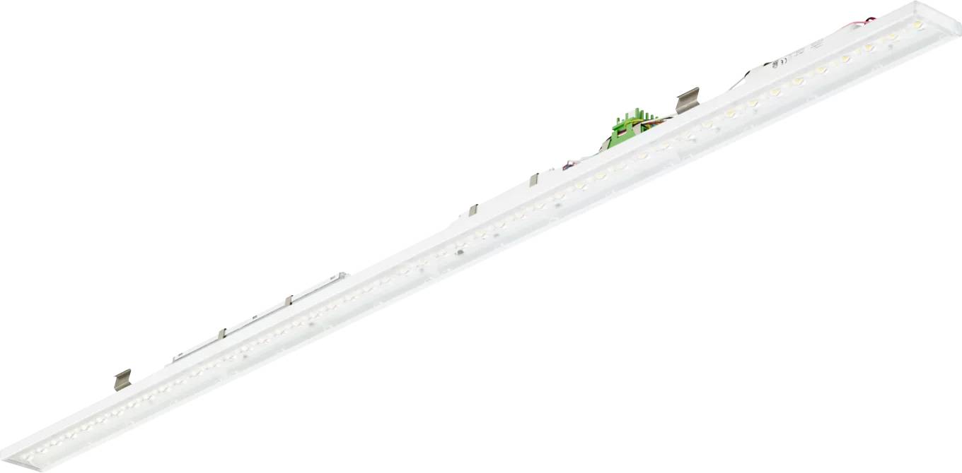 Lange weiße LED-Streifen-Leuchte diagonal auf einfachem weißem Hintergrund angezeigt, mit einer kleinen grünen Leiterplatte, die in der Nähe eines Endes sichtbar ist.