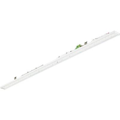 Lange weiße LED-Streifen-Leuchte diagonal auf einfachem weißem Hintergrund angezeigt, mit einer kleinen grünen Leiterplatte, die in der Nähe eines Endes sichtbar ist.