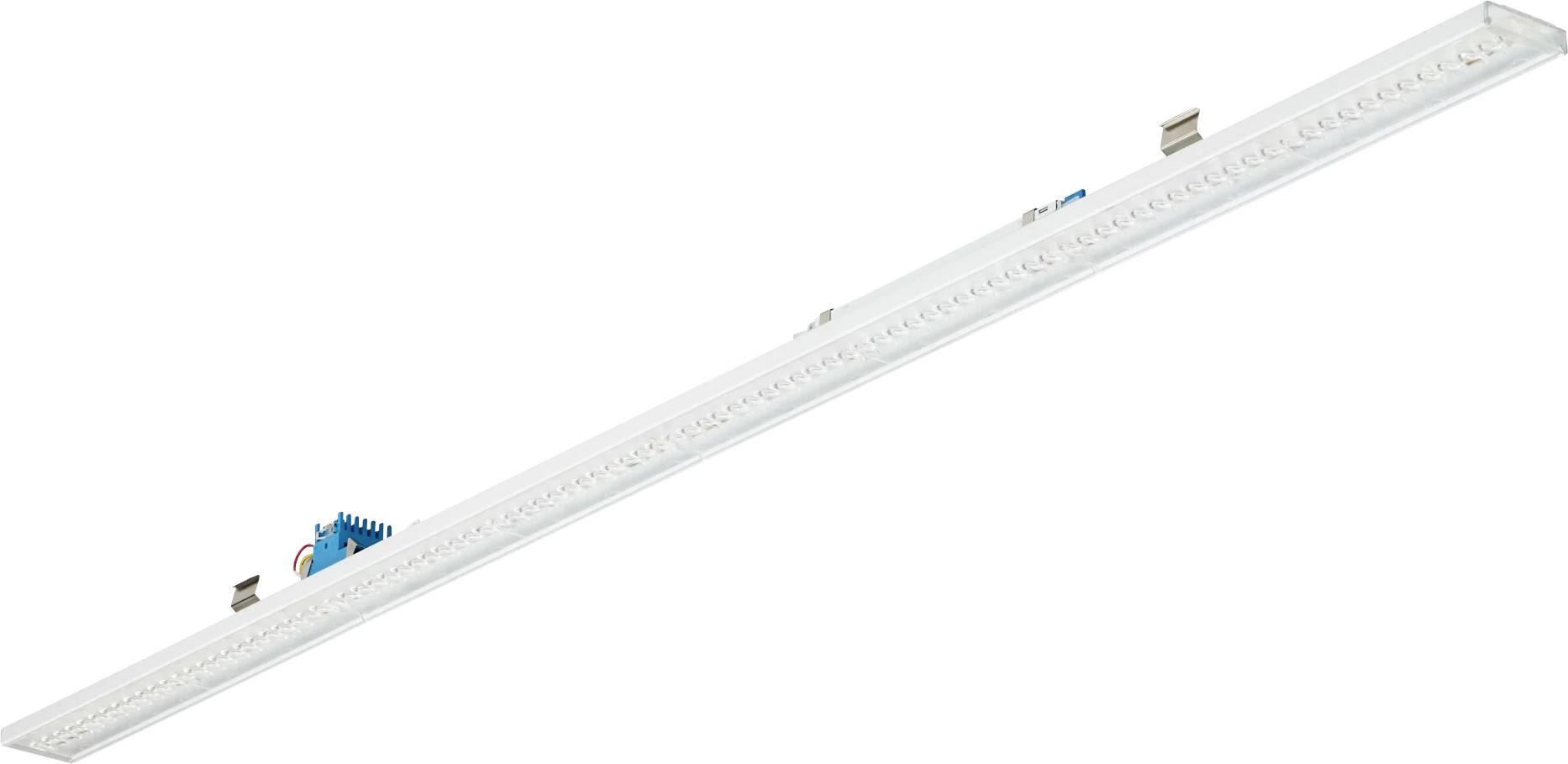 Lange, schmale weiße lineare LED-Leuchte mit einer blauen Montagebaugruppe, diagonal auf weißem Hintergrund dargestellt.