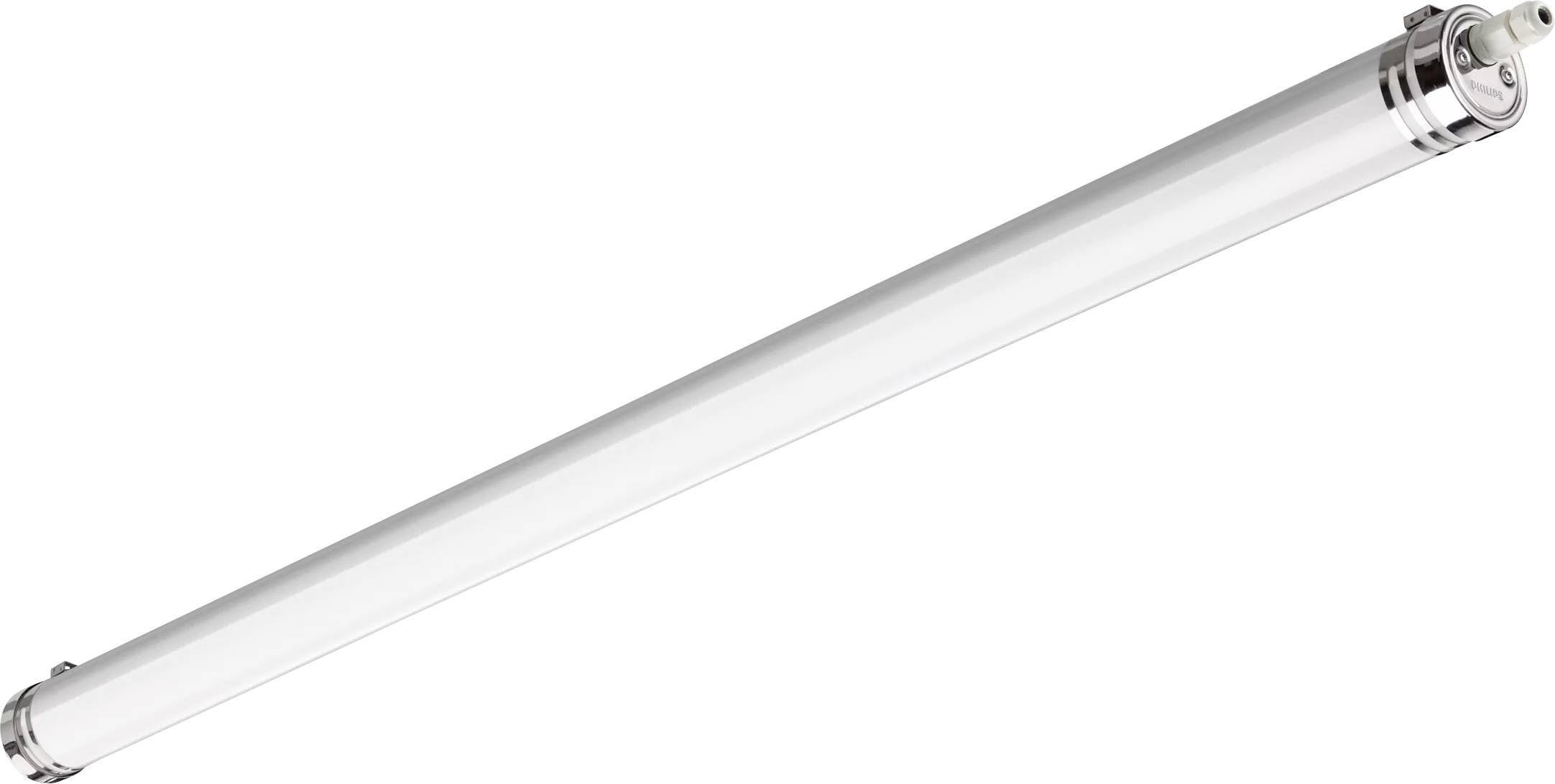 Diagonale Leuchtstoffröhre auf weißem Hintergrund, mit Metallkappen an beiden Enden.