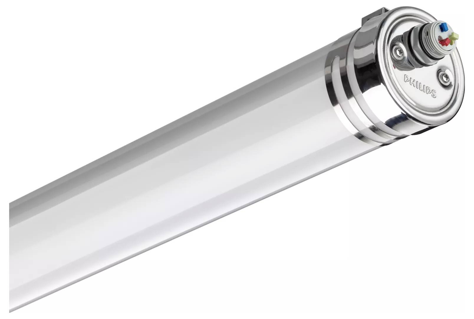 Eine zylindrische klare LED-Röhrenleuchte mit metallischen Endkappen, diagonal auf weißem Hintergrund dargestellt.