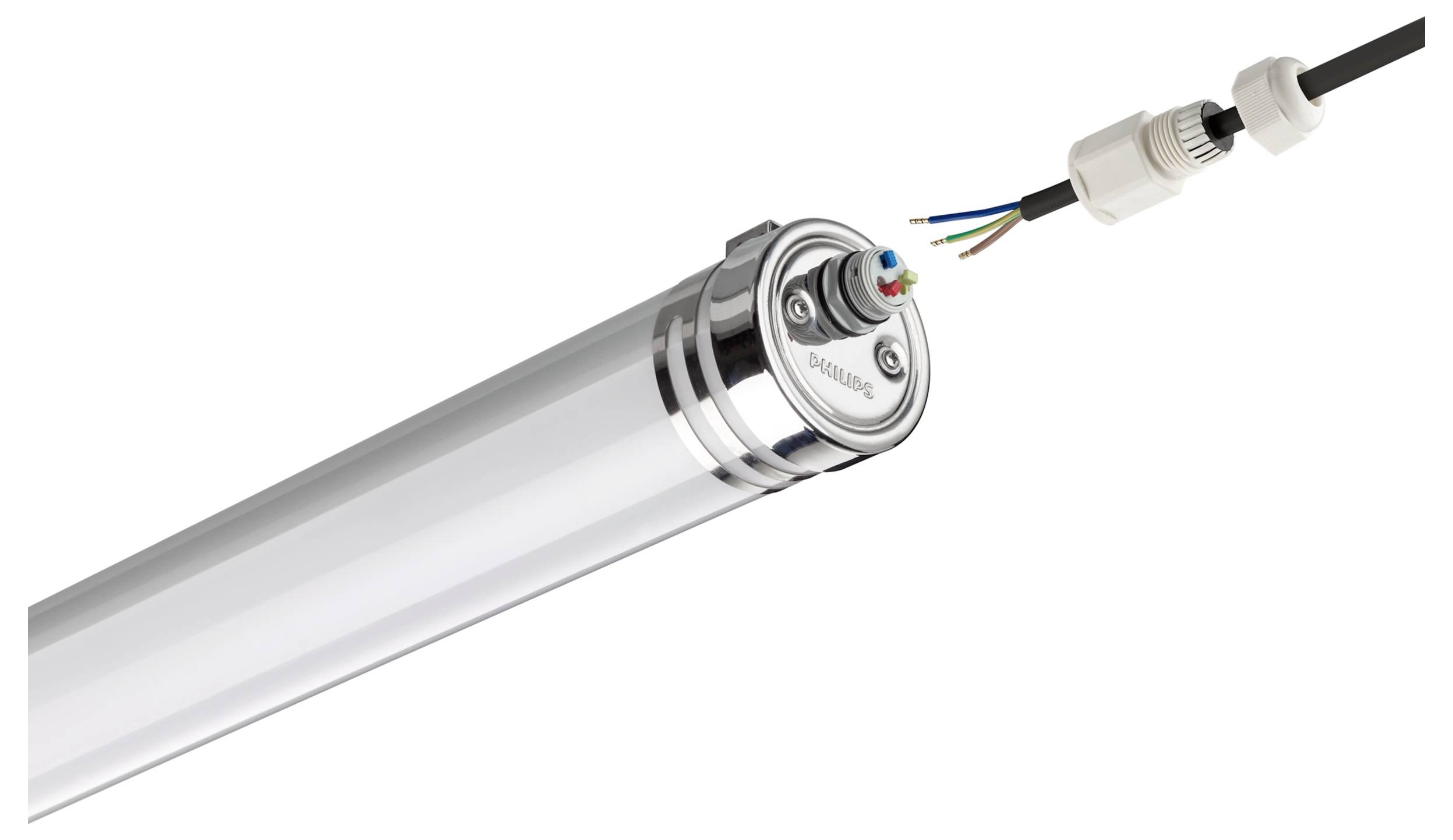 Nahaufnahme einer LED-Röhrenleuchte mit geöffneter Endkappe, die interne Verdrahtung neben einem abgelösten Stromkabelstecker zeigt.